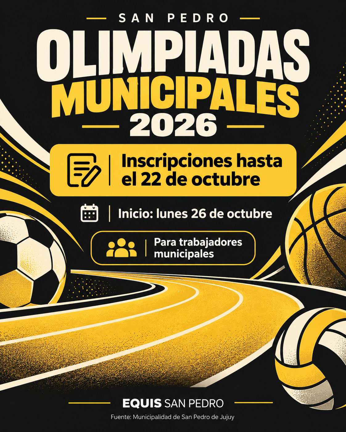 Placa editorial de Equis San Pedro: Olimpiadas Municipales2026, listas hasta el22 de octubre e inicio anunciado para el26.