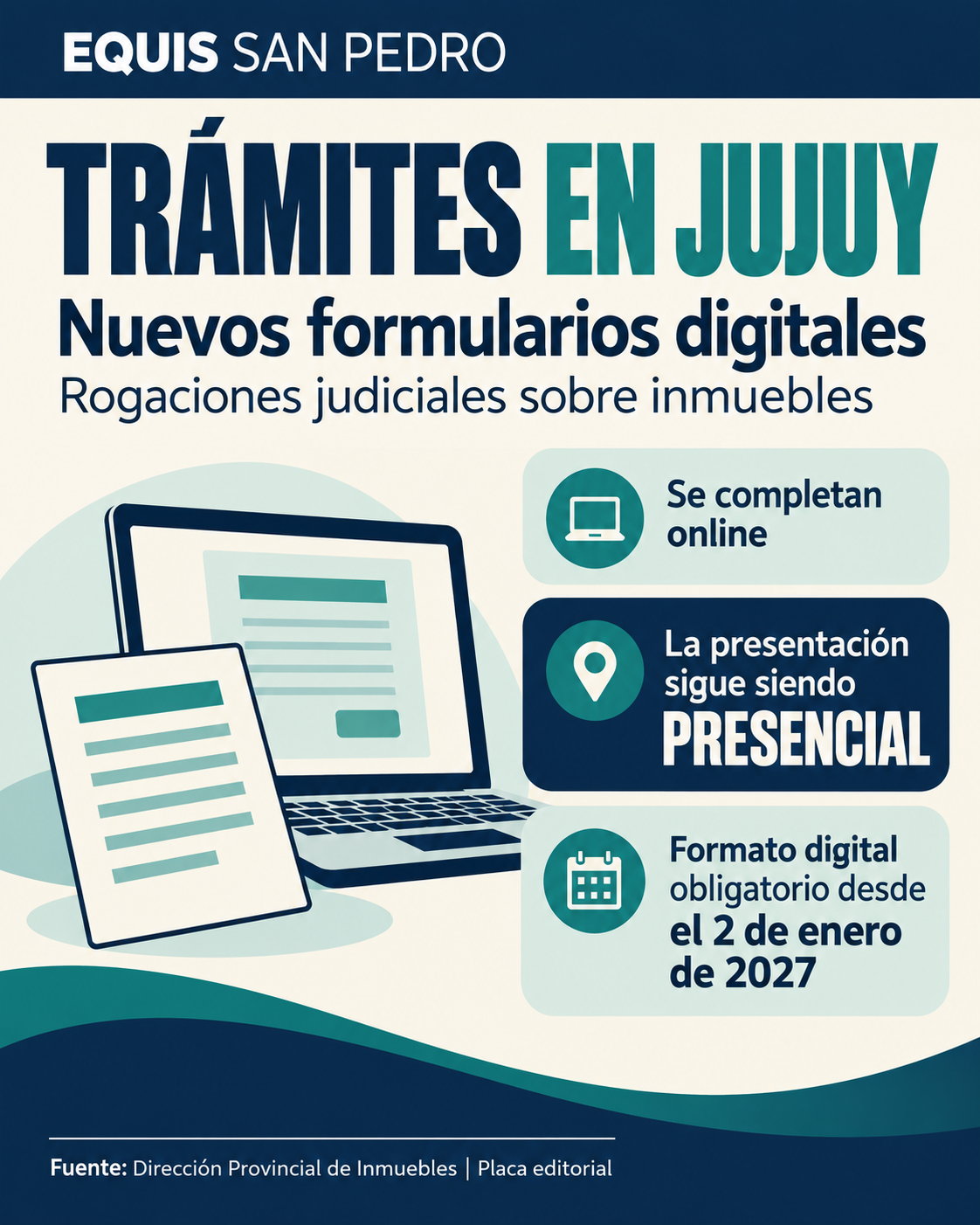 Placa editorial de Equis San Pedro: formularios digitales de rogación judicial en Jujuy, con presentación presencial y obligatoriedad anunciada desde el 2 de enero de 2027.