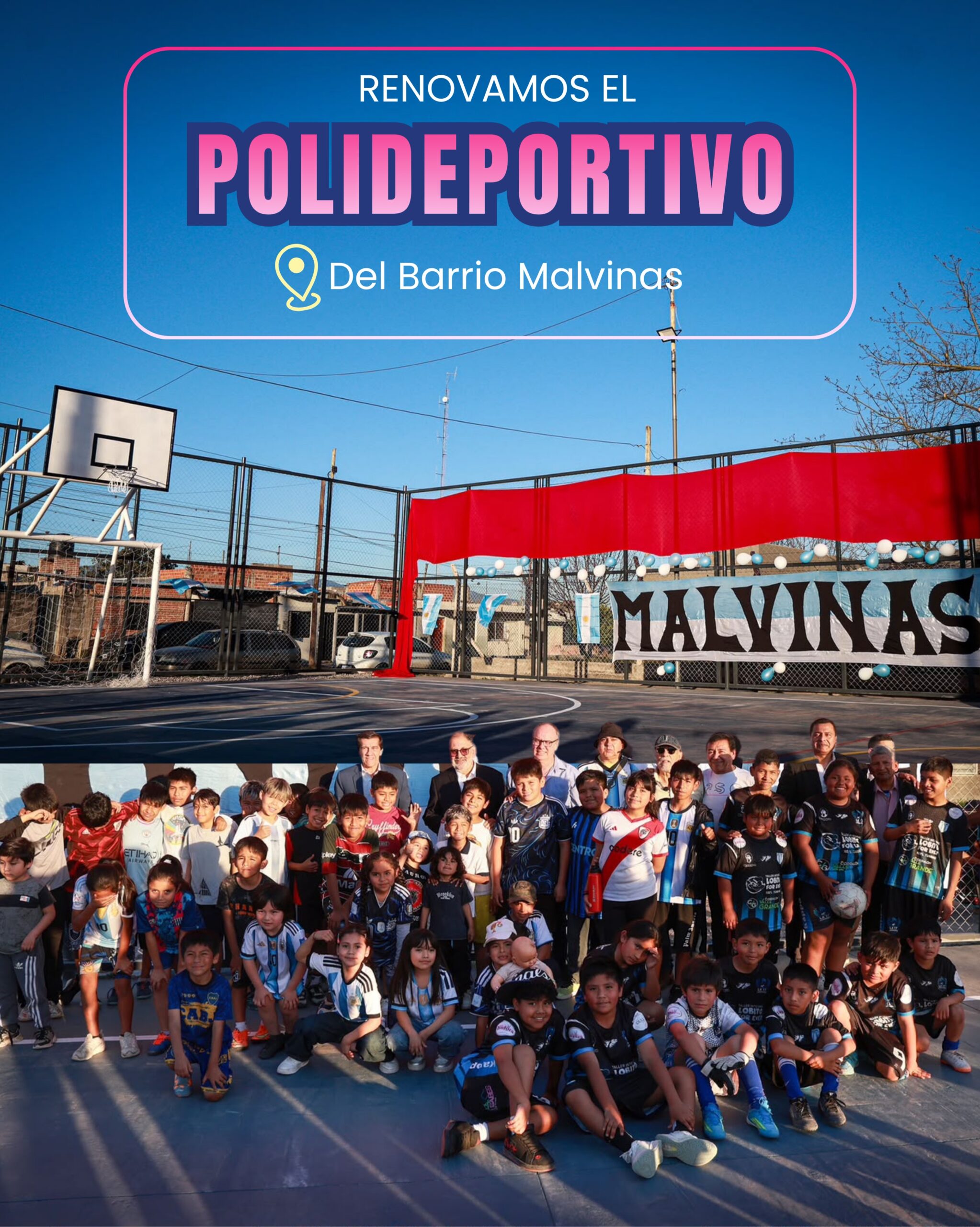 Imagen de la publicación de Carlos Sadir sobre encuentro con familias en el renovado polideportivo del barrio Malvinas