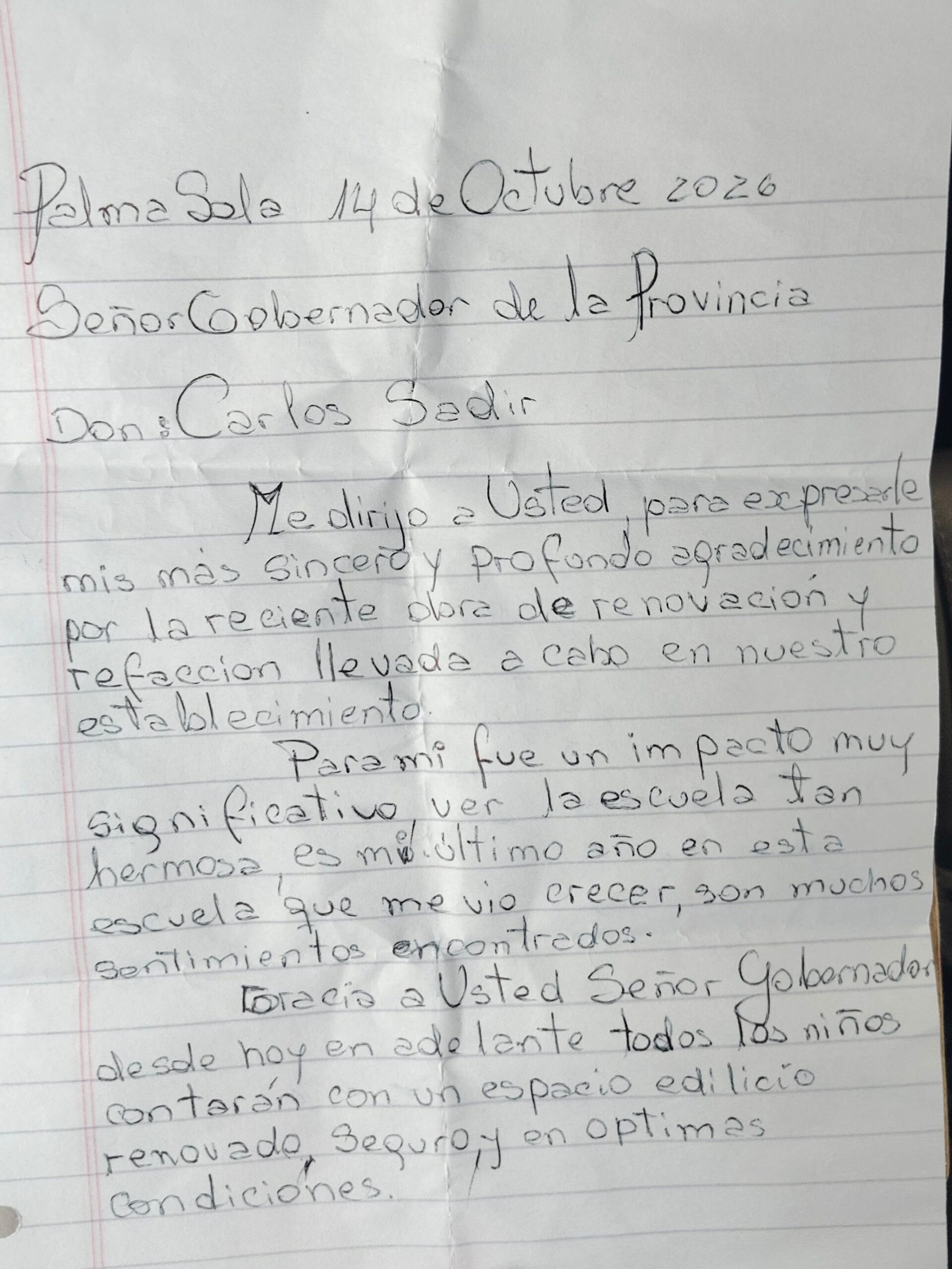 Imagen de la publicación de Carlos Sadir sobre una carta recibida durante la visita a Palma Sola