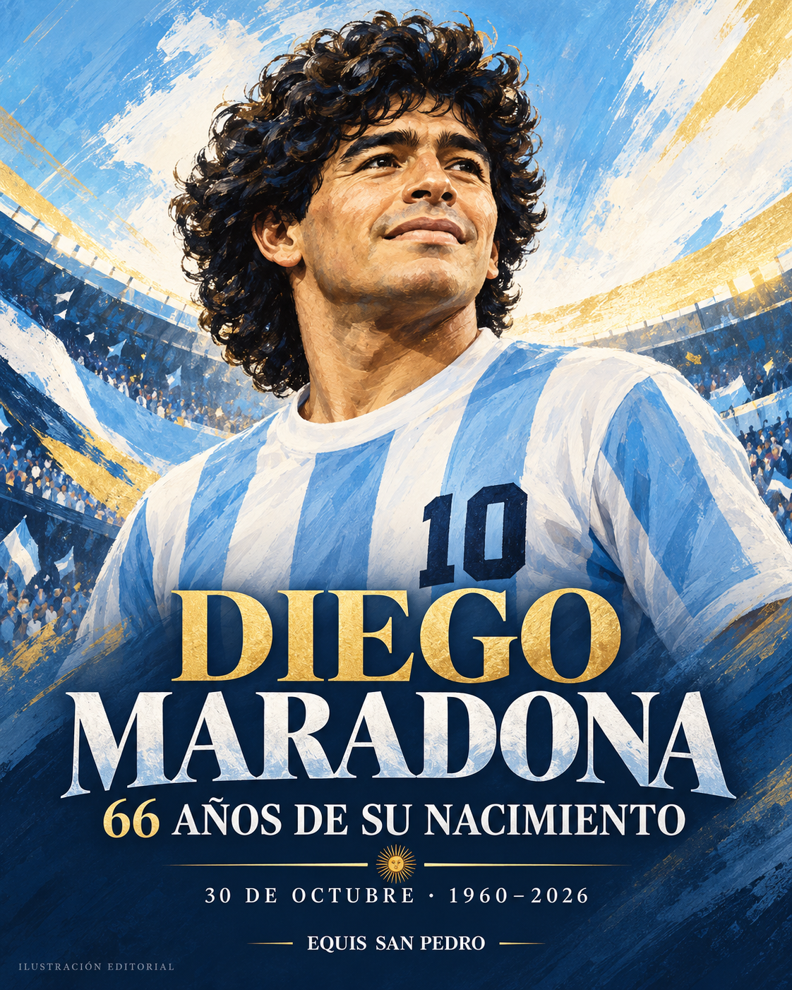 Ilustración editorial de Diego Maradona en homenaje a los 66 años de su nacimiento, 30 de octubre de 1960–2026.