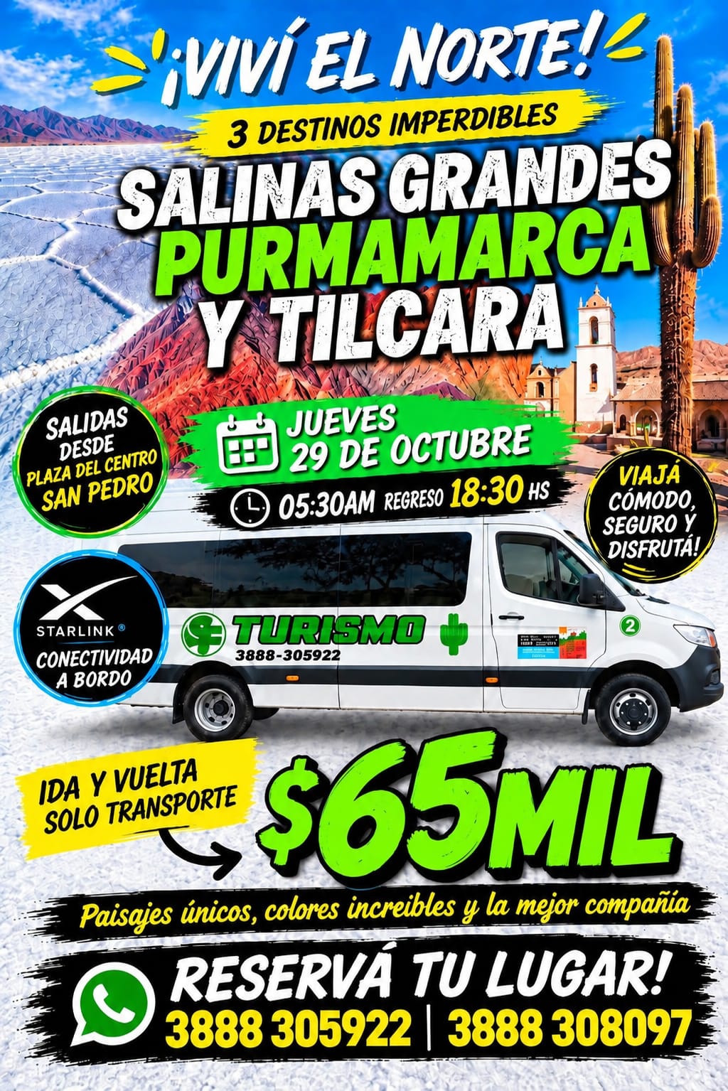 Flyer del viaje a Salinas Grandes, Purmamarca y Tilcara del jueves 29 de octubre: salida 05:30 desde San Pedro y transporte ida y vuelta a $65.000.