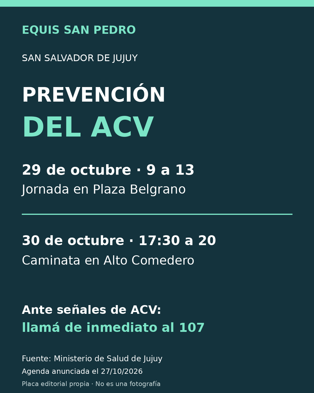 Agenda de prevención del ACV en San Salvador de Jujuy: 29 y 30 de octubre. Ante señales, llamar al SAME 107.