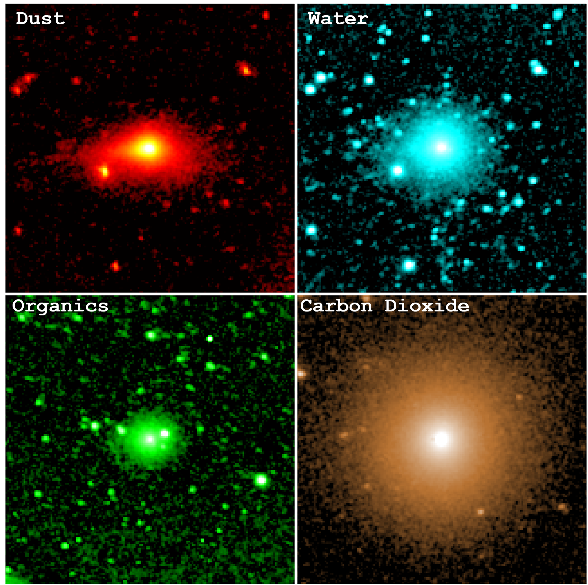 Cuatro imágenes infrarrojas del cometa 3I/ATLAS: polvo, agua, moléculas orgánicas y dióxido de carbono; NASA/JPL-Caltech