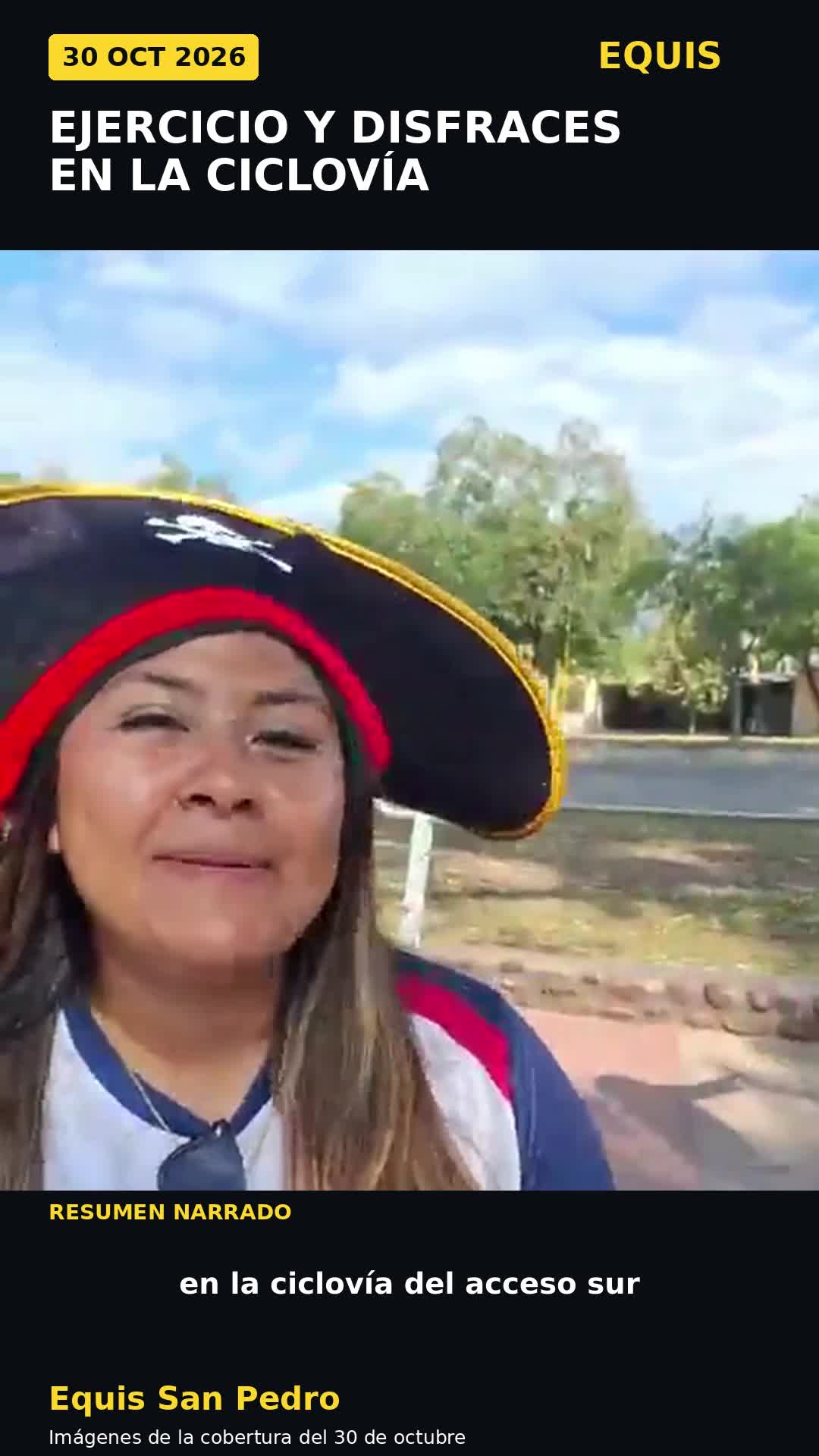 Instructora entrevistada durante la jornada de ejercicio y disfraces en la ciclovía de San Pedro.