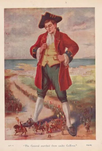 Ilustración histórica de Gulliver con el ejército de Liliput pasando entre sus piernas