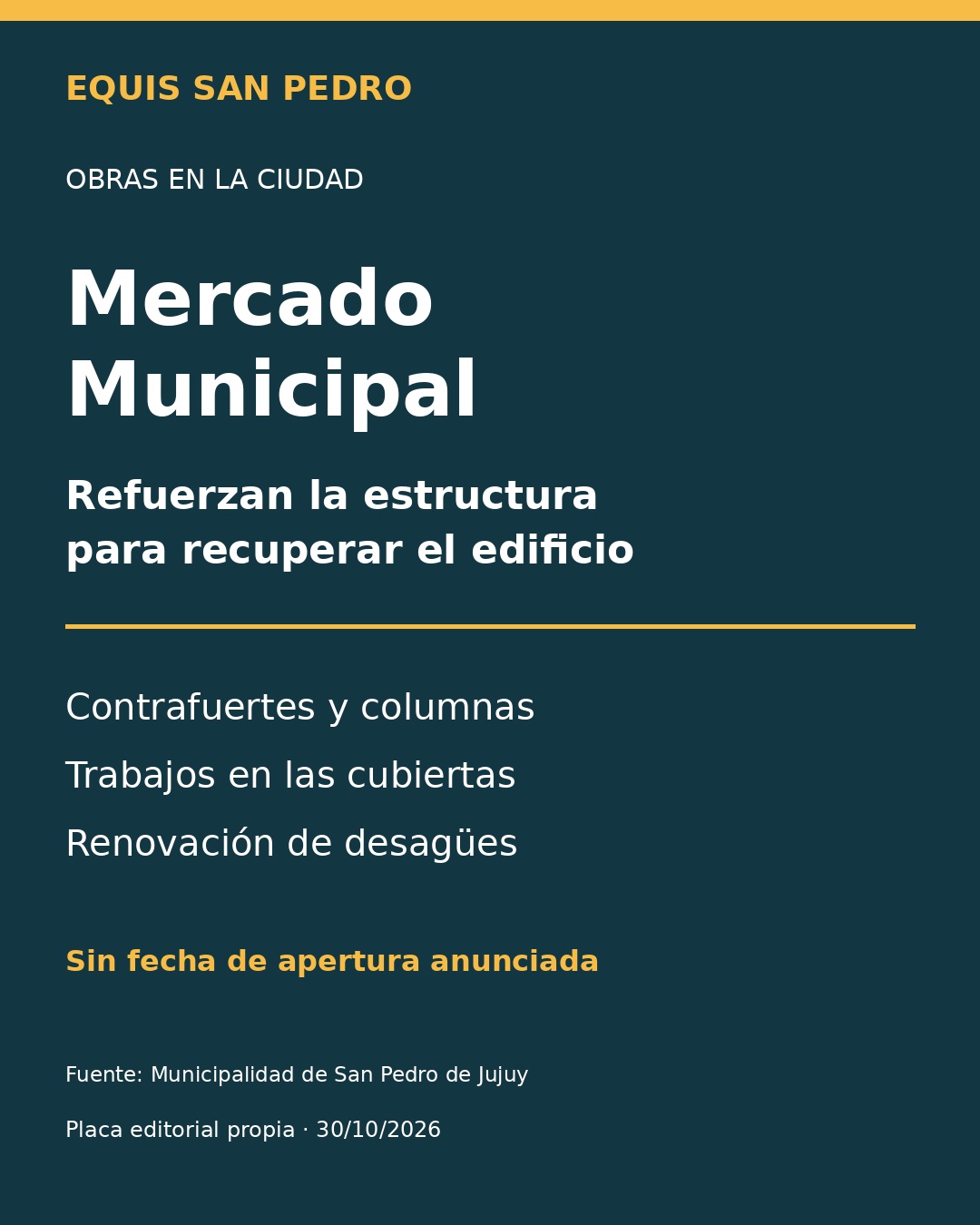 Placa editorial: obras estructurales en el Mercado Municipal de San Pedro, sin fecha de apertura anunciada.