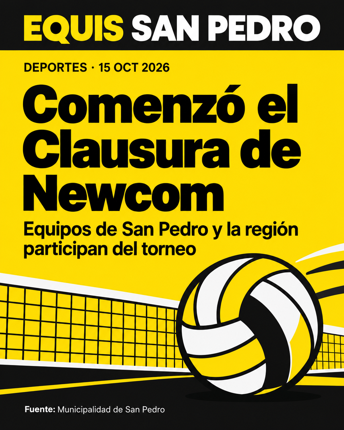 Placa editorial de Equis San Pedro sobre el inicio del Clausura de Newcom, con ilustración de pelota y red.