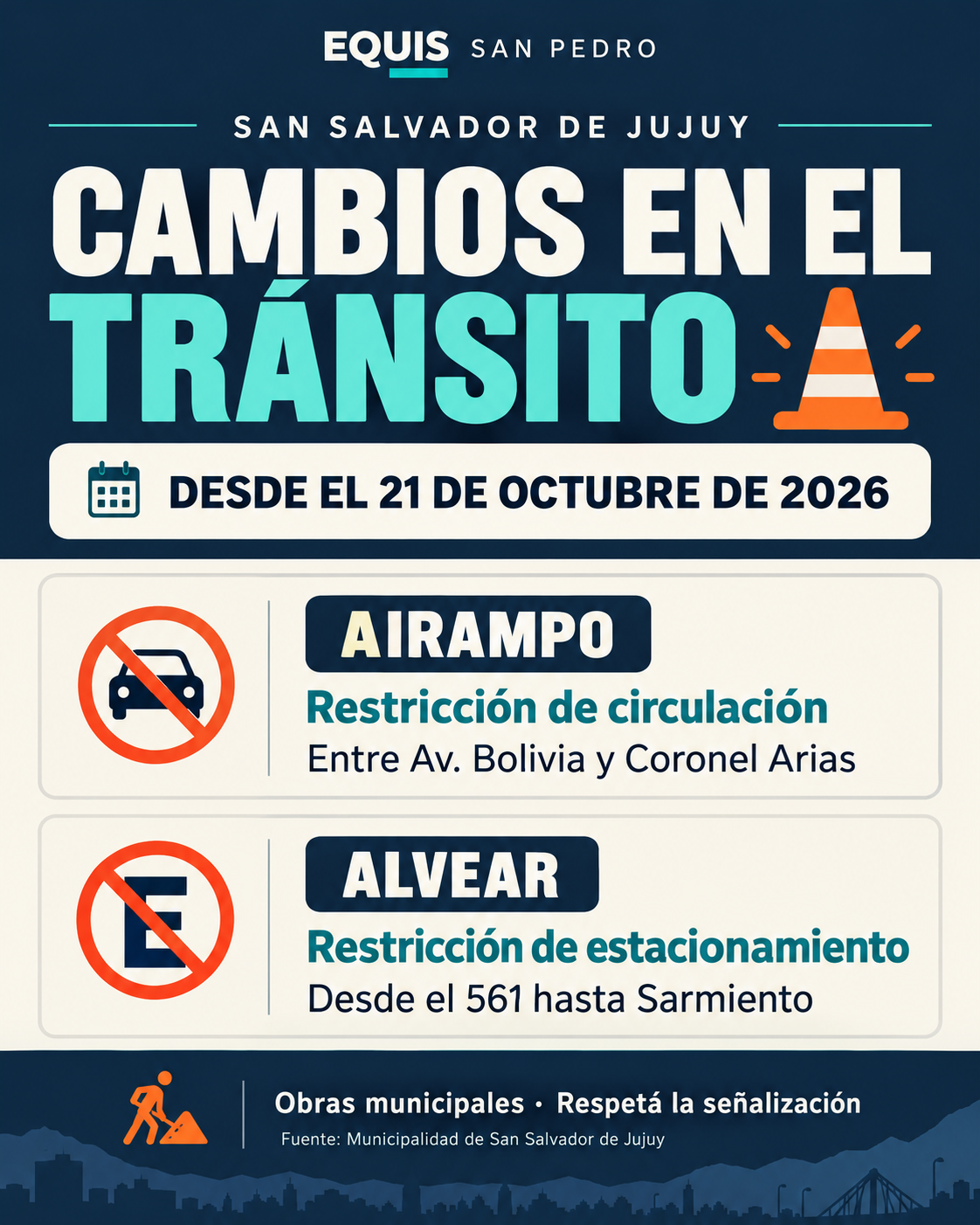 Placa editorial de Equis San Pedro: restricciones de circulación en Airampo y de estacionamiento en Alvear desde el 21 de octubre de 2026.