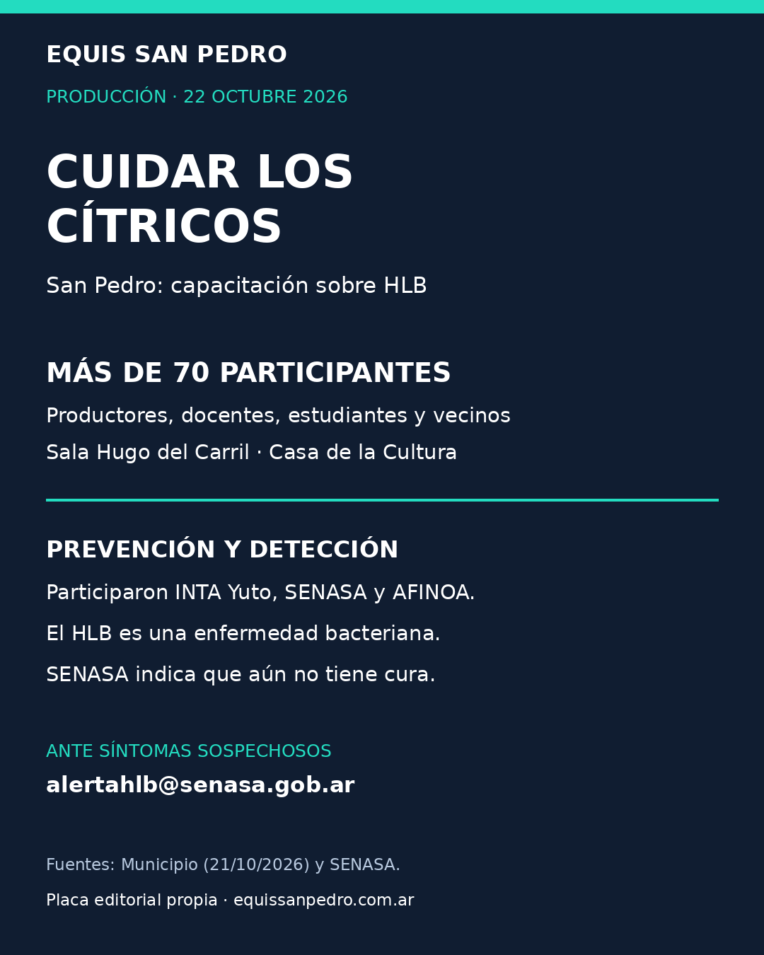 Placa editorial: capacitación sobre prevención del HLB en San Pedro de Jujuy y correo de SENASA.