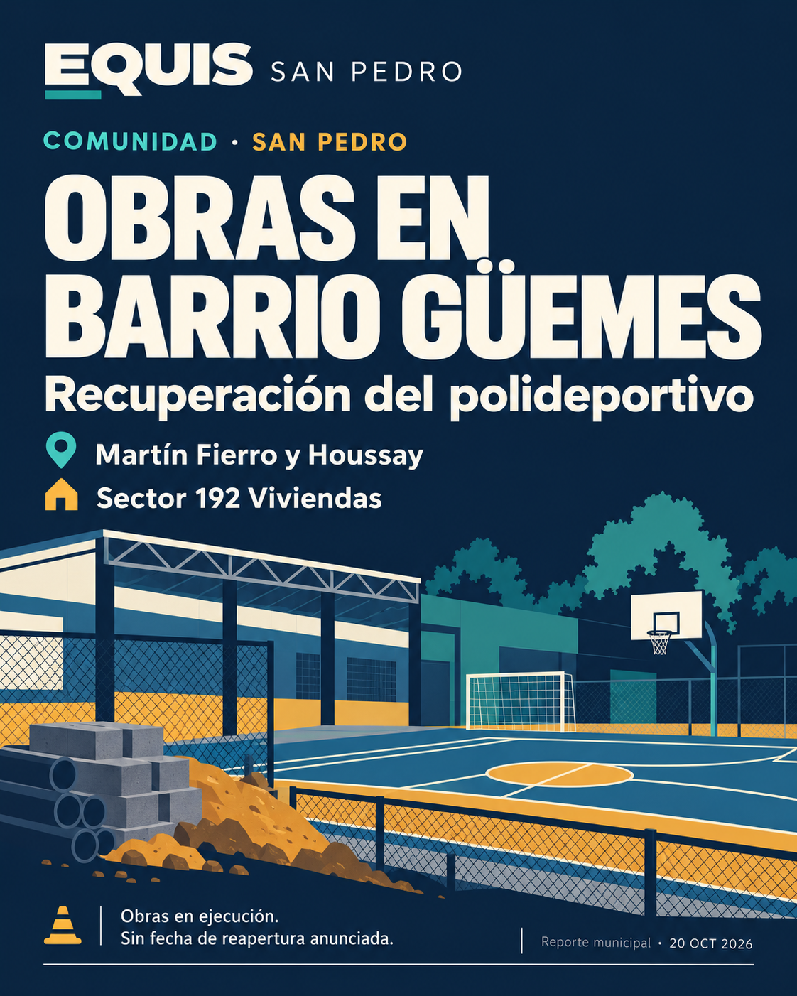 Ilustración editorial de Equis San Pedro sobre las obras anunciadas en el polideportivo del barrio Güemes. No es una fotografía del lugar.