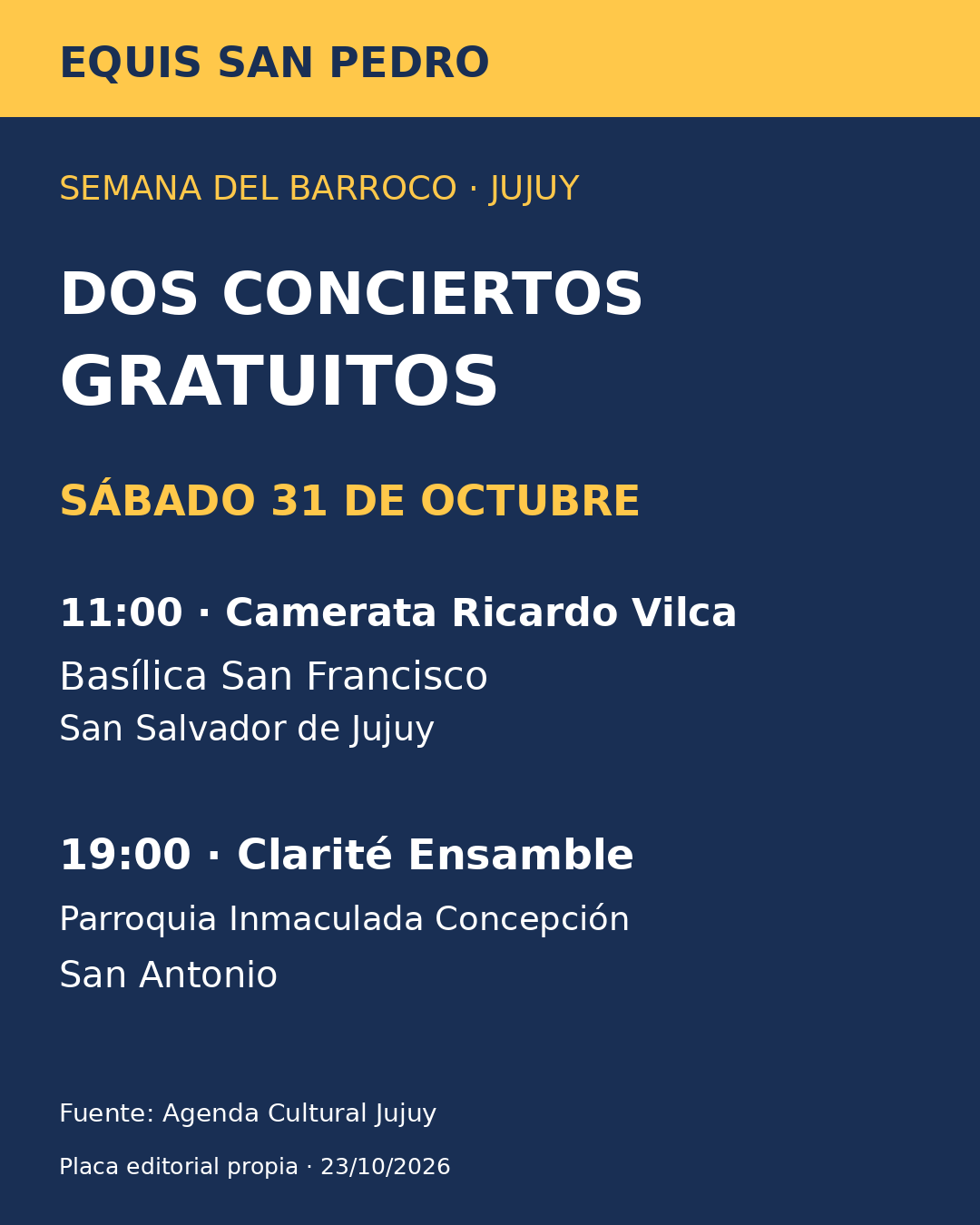 Placa editorial: conciertos gratuitos del 31 de octubre, Camerata Ricardo Vilca a las 11 en la capital y Clarité Ensamble a las 19 en San Antonio.