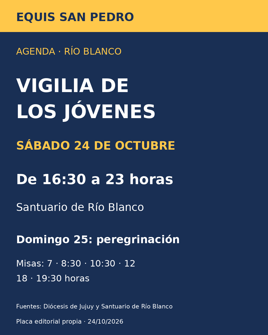 Vigilia de los Jóvenes en Río Blanco, sábado 24 de octubre de 16:30 a 23. Peregrinación el domingo 25.