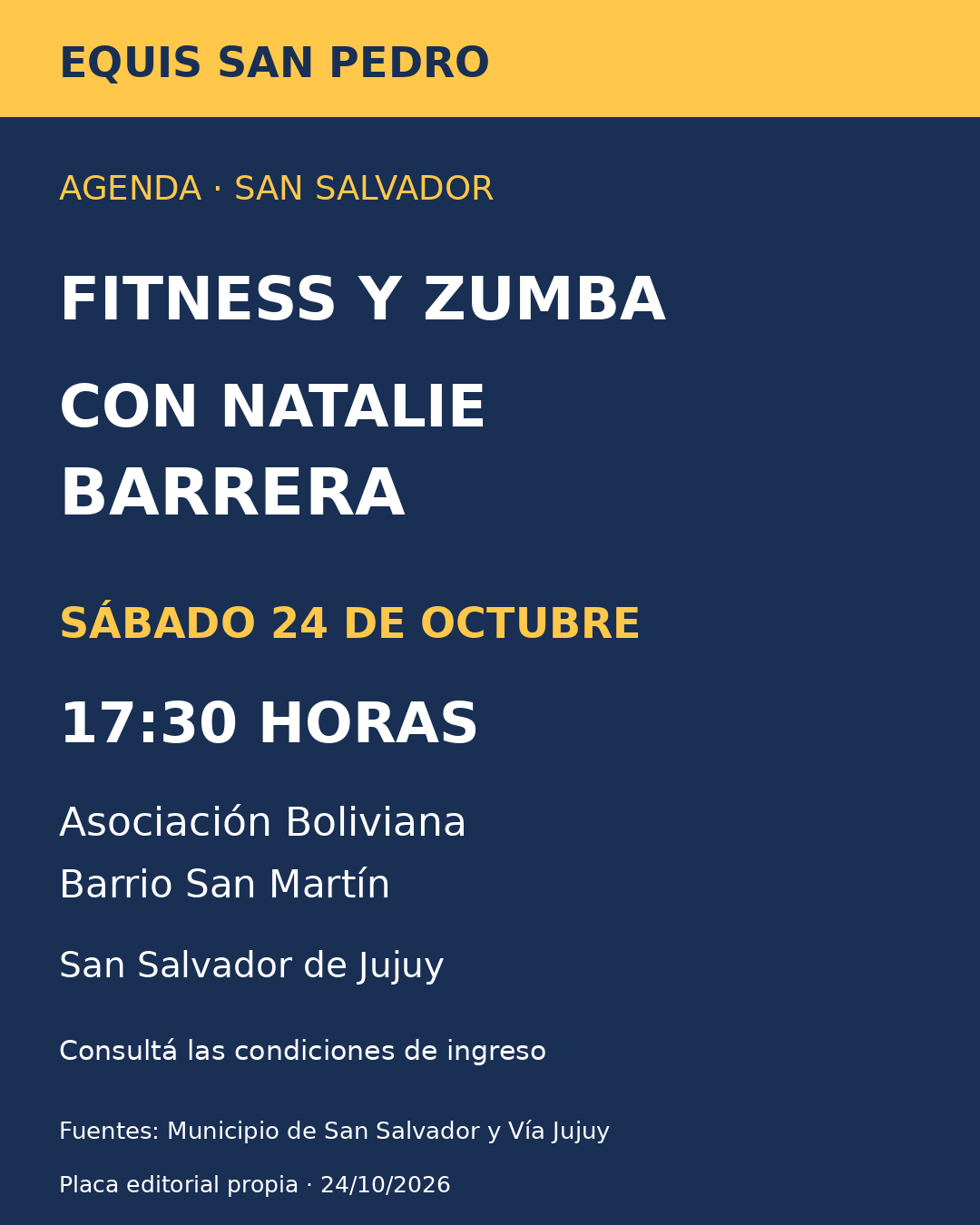 Placa editorial: fitness y zumba con Natalie Barrera, sábado 24 de octubre a las 17:30 en la Asociación Boliviana, barrio San Martín, San Salvador de Jujuy.