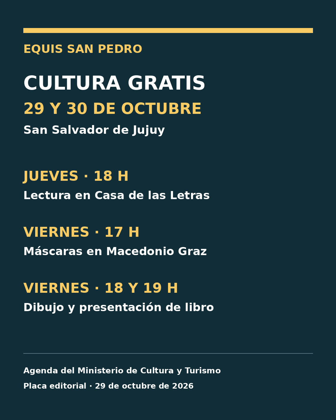 Agenda cultural gratuita del 29 y 30 de octubre en San Salvador de Jujuy. Placa editorial propia de Equis San Pedro.