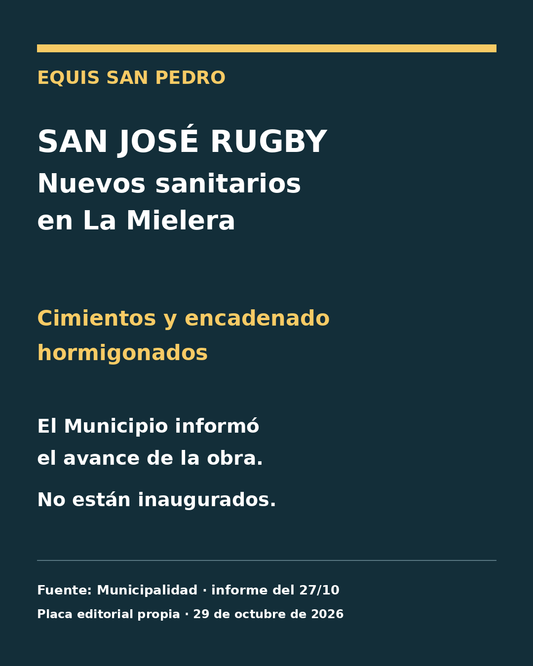 San José Rugby: avance de los sanitarios en La Mielera, según informe municipal del 27 de octubre. Placa editorial propia.