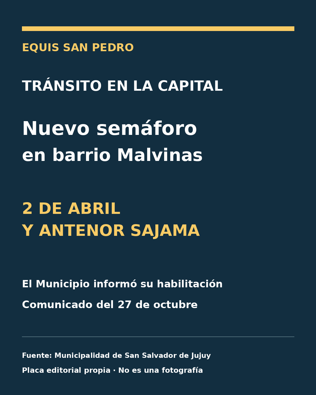 Placa editorial: semáforo habilitado en 2 de Abril y Antenor Sajama, barrio Malvinas, San Salvador de Jujuy.