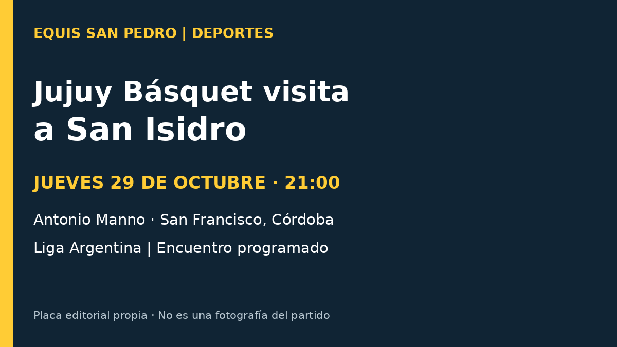 Placa editorial: Jujuy Básquet visita a San Isidro el jueves 29 de octubre de 2026 a las 21 en San Francisco, Córdoba.