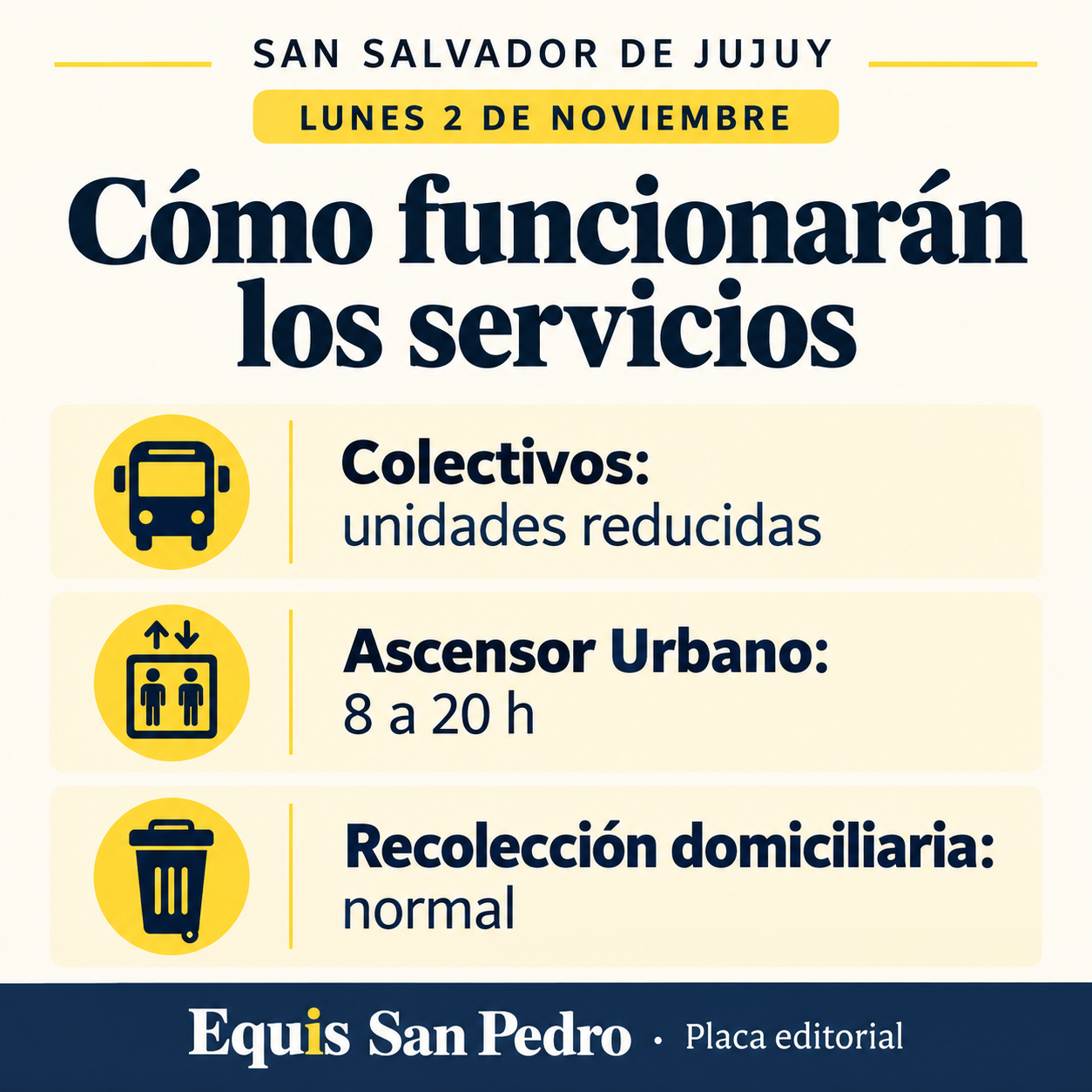 Servicios de San Salvador de Jujuy para el 2 de noviembre: colectivos reducidos, Ascensor Urbano de 8 a 20 y recolección domiciliaria normal.