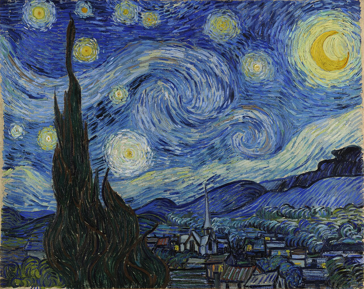 La noche estrellada de Vincent van Gogh: cielo azul con estrellas y Luna, ciprés y pueblo
