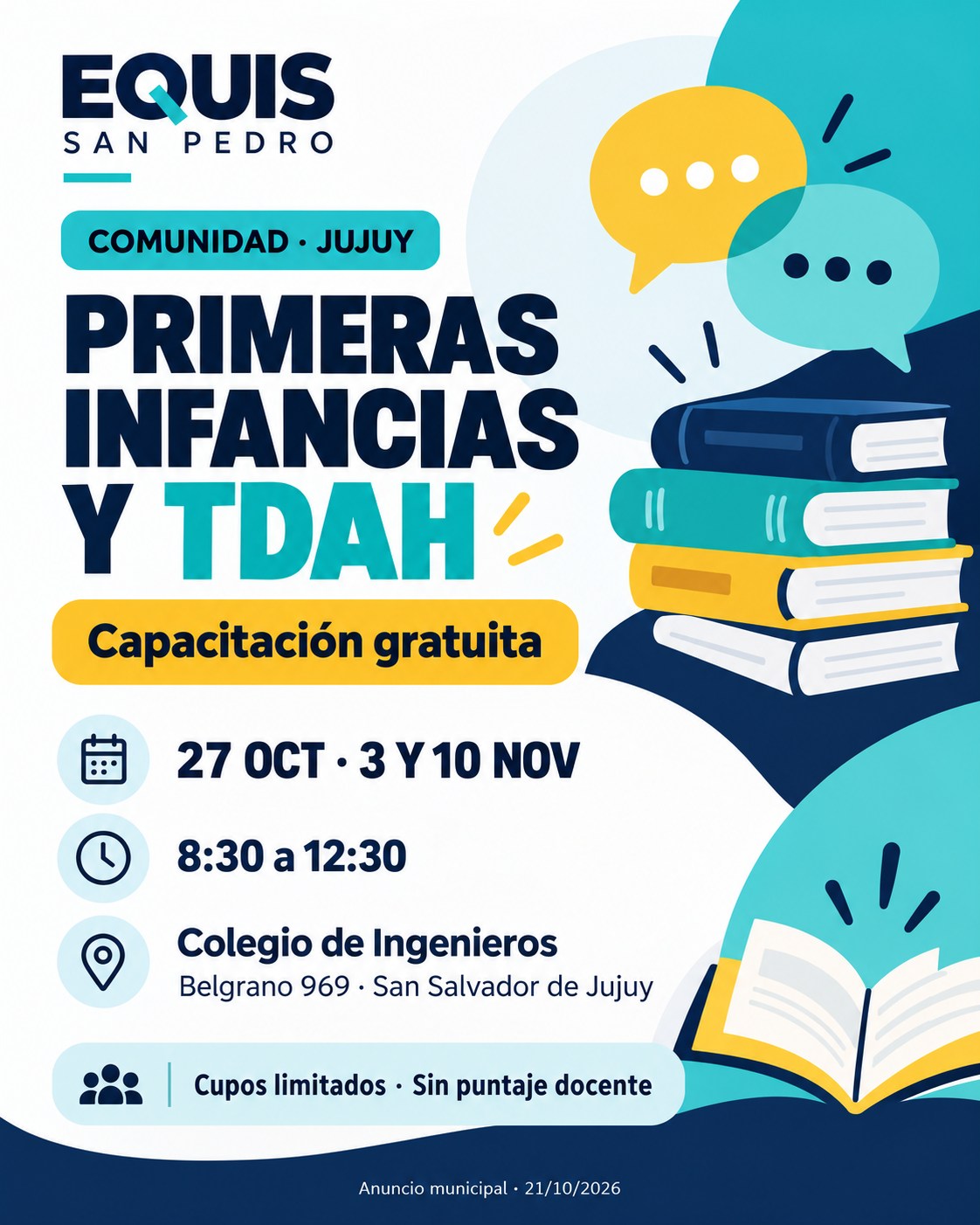 Placa de Equis San Pedro: capacitación gratuita sobre primeras infancias y TDAH, con tres encuentros en Jujuy.